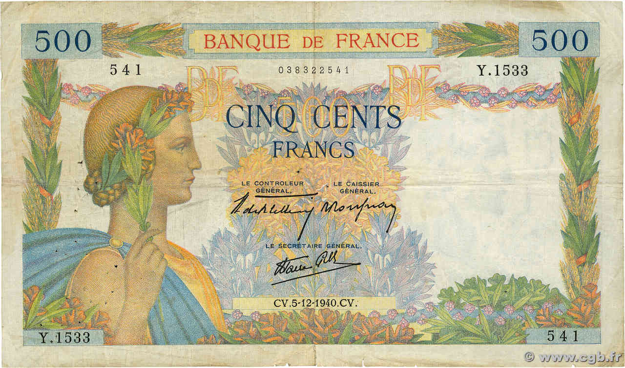 500 Francs LA PAIX FRANCE  1940 F.32.10 pr.TB