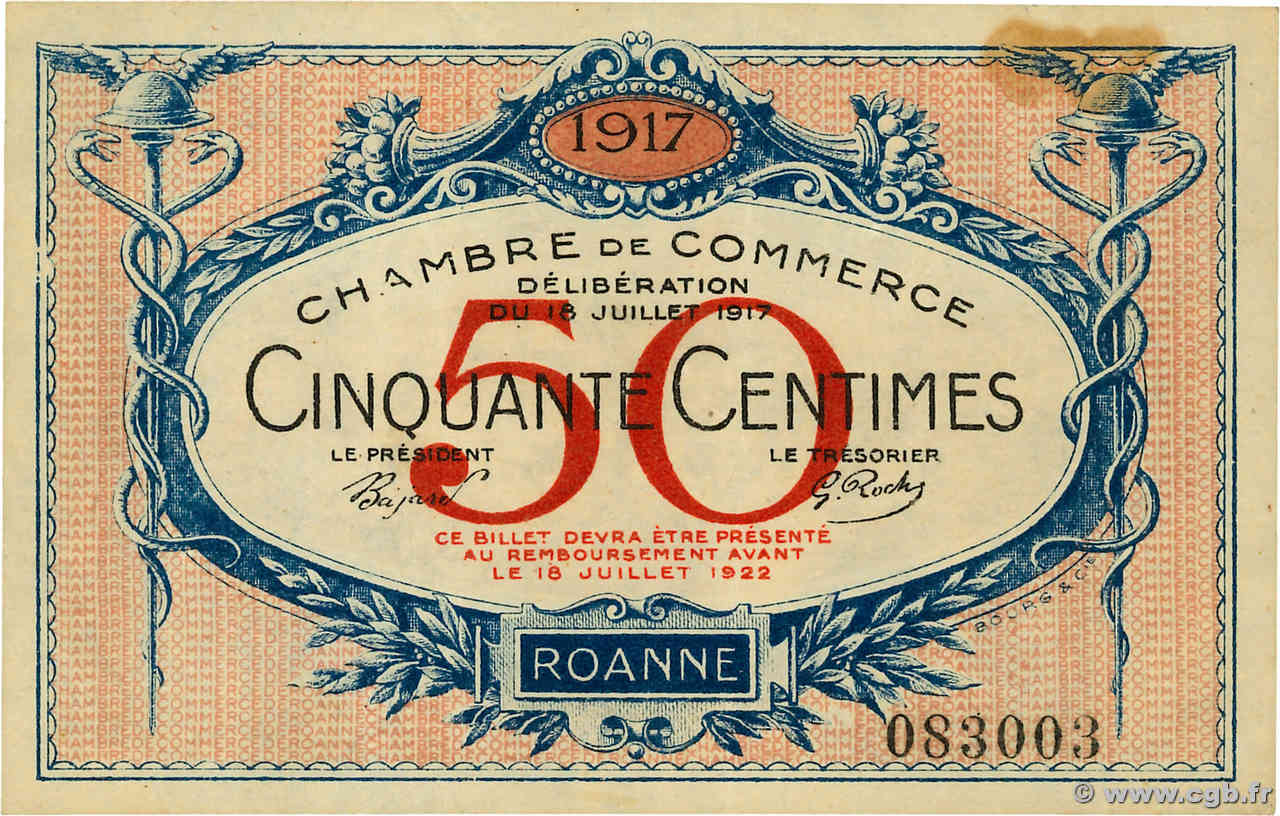 50 Centimes FRANCE régionalisme et divers Roanne 1917 JP.106.09 SUP