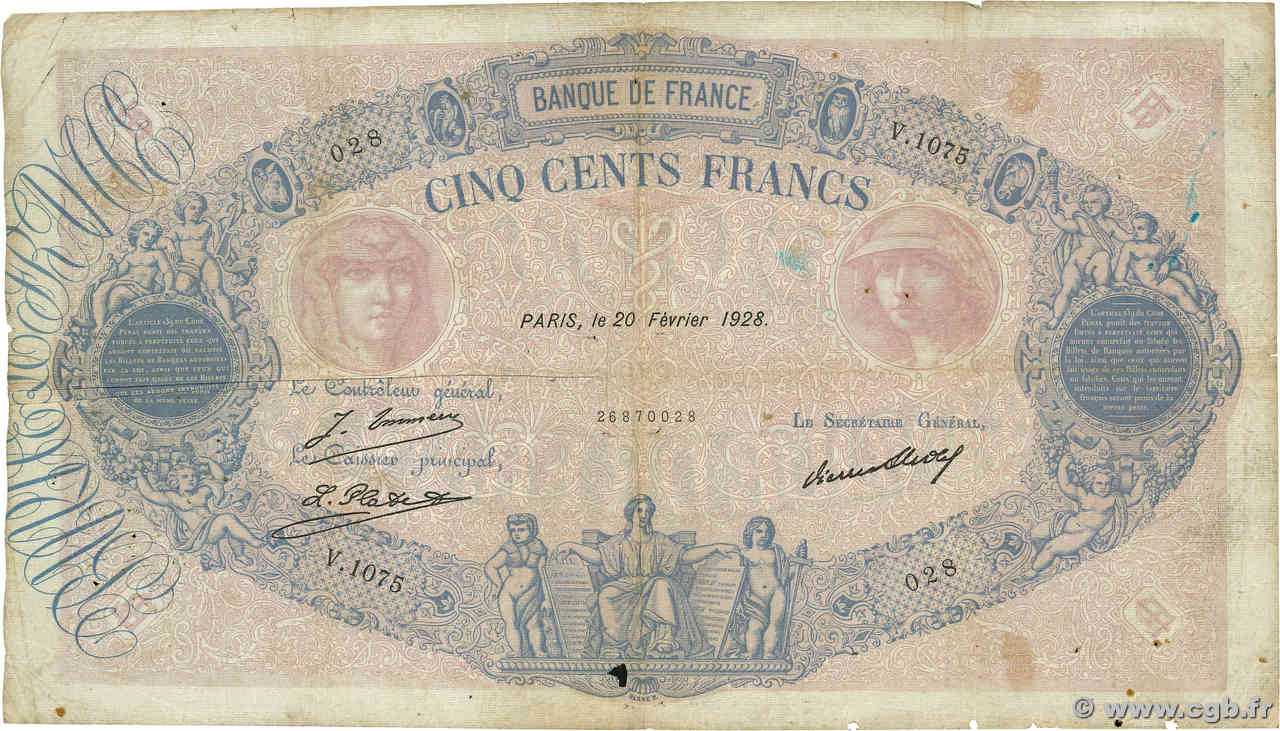 500 Francs BLEU ET ROSE FRANCE  1928 F.30.31 B+