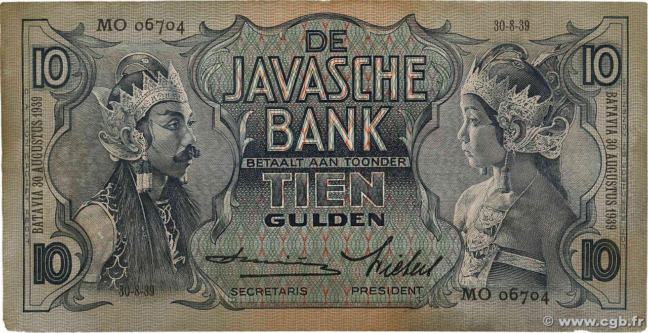 10 Gulden NETHERLANDS INDIES  1939 P.079c VF-