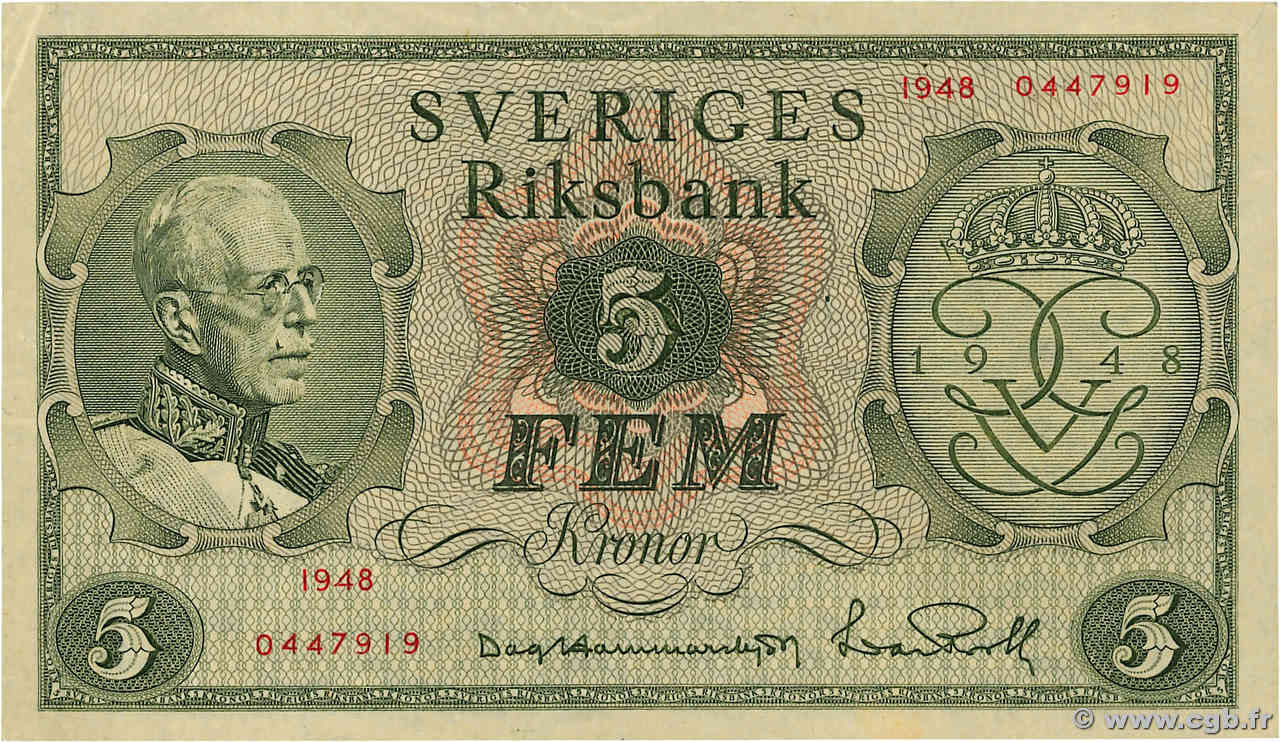 5 Kronor SWEDEN  1948 P.41a VF+