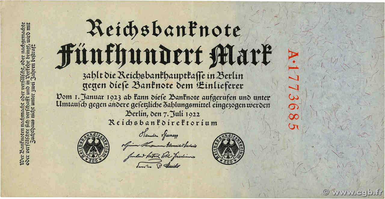 500 Mark ALLEMAGNE  1922 P.074a TTB+