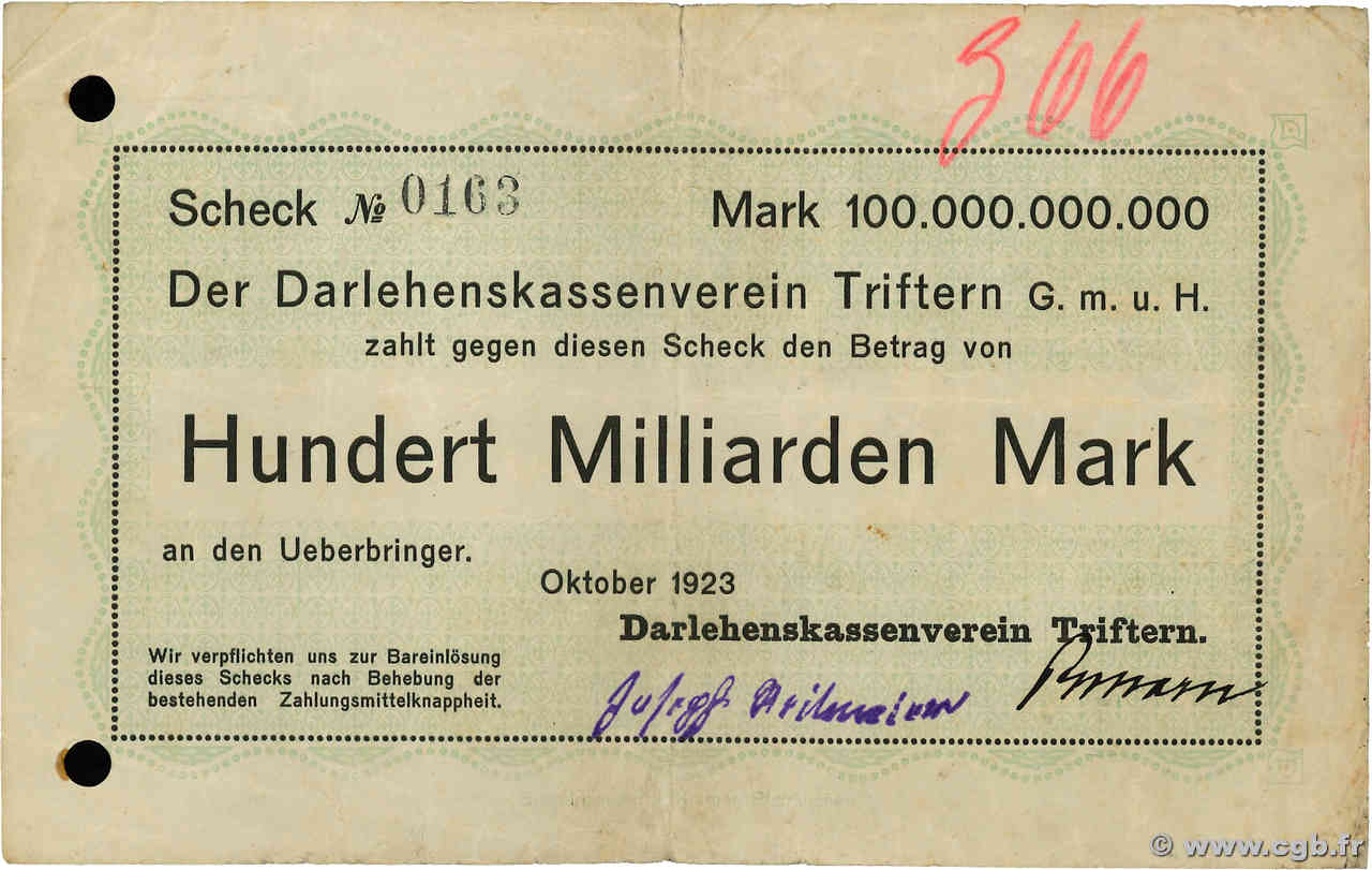 100 Milliarden Mark ALLEMAGNE Triftern 1923  TB+