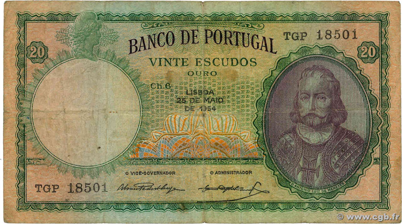 20 Escudos PORTUGAL  1954 P.153b B+