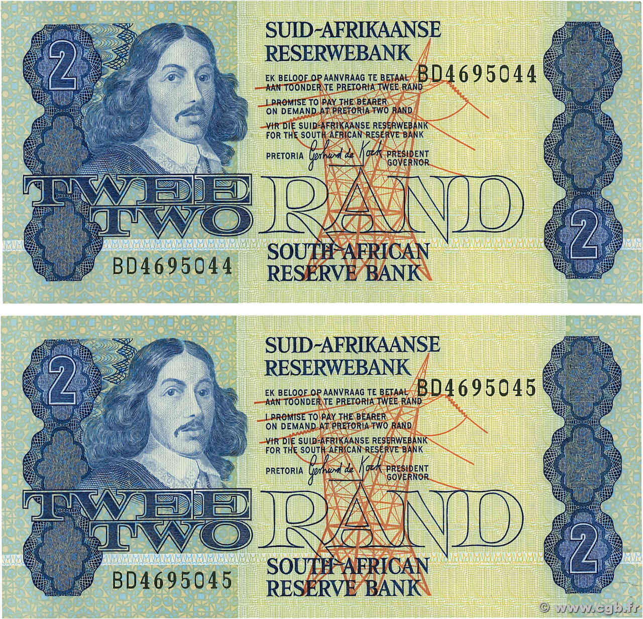 2 Rand Consécutifs AFRIQUE DU SUD  1983 P.118d SUP+