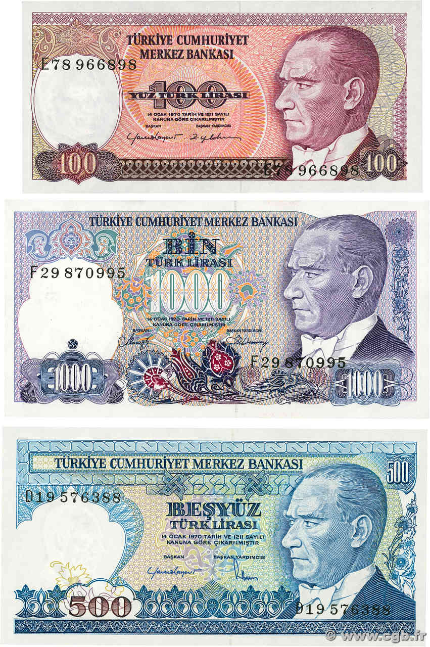 100, 500 et 1000 Lira Lot TURQUIE  1983 P.194b et P.195 et P.196 NEUF