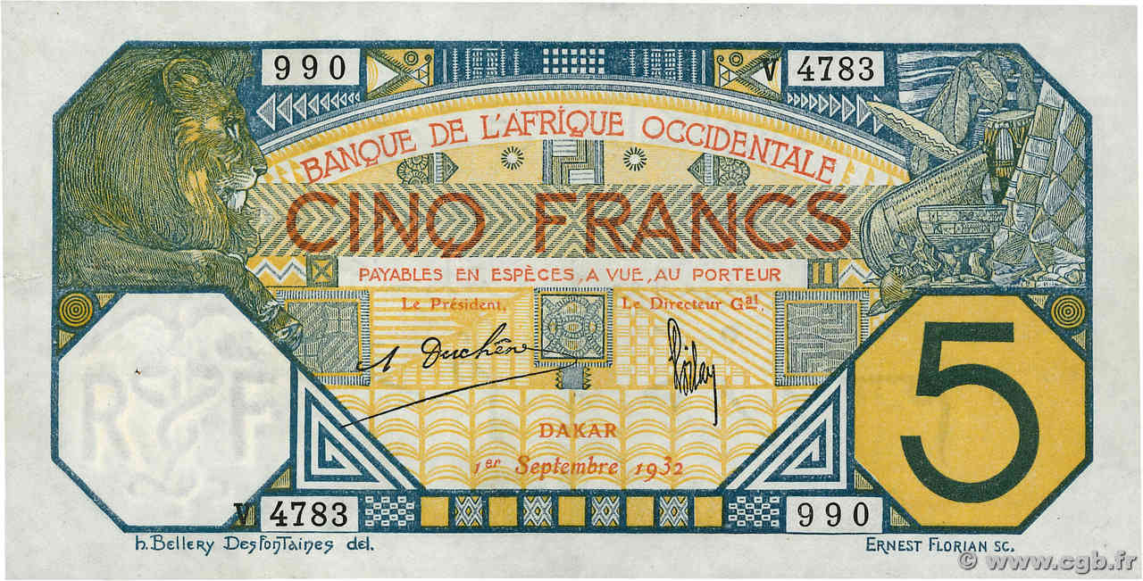 5 Francs DAKAR AFRIQUE OCCIDENTALE FRANÇAISE (1895-1958) Dakar 1932 P.05Bf TTB+