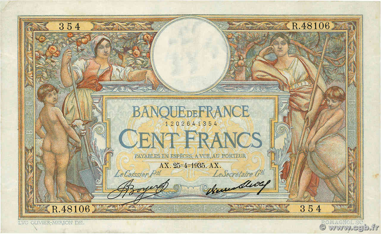 100 Francs LUC OLIVIER MERSON grands cartouches FRANCE  1935 F.24.14 TTB