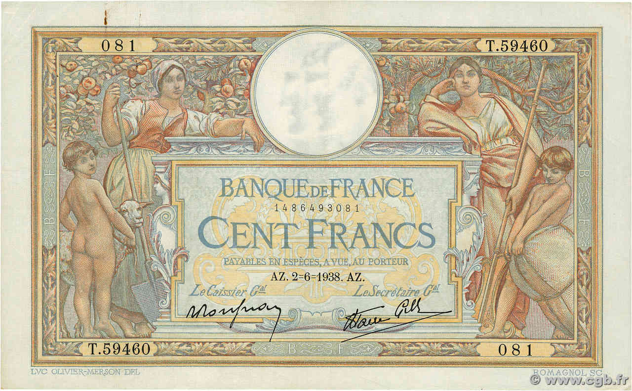 100 Francs LUC OLIVIER MERSON type modifié FRANCE  1938 F.25.21 TTB+
