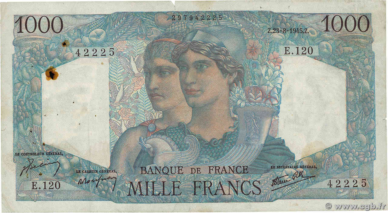 1000 Francs MINERVE ET HERCULE FRANCE  1945 F.41.07 TB+