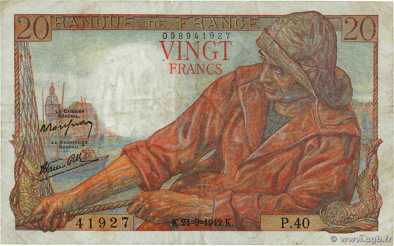 20 Francs PÊCHEUR FRANCE  1942 F.13.03 TB