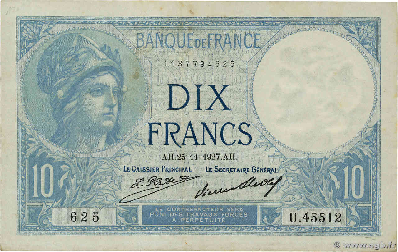 10 Francs MINERVE FRANCE  1927 F.06.12a TTB+