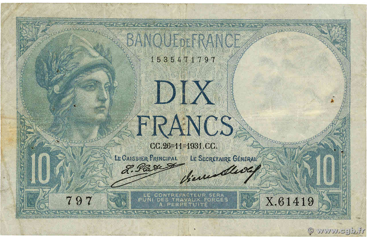 10 Francs MINERVE FRANCE  1931 F.06.15 TB