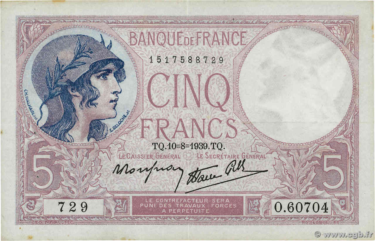 5 Francs FEMME CASQUÉE modifié FRANCE  1939 F.04.05 pr.SUP