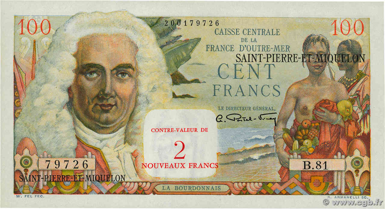 2 NF sur 100 Francs La Bourdonnais SAINT PIERRE ET MIQUELON  1960 P.32 pr.NEUF
