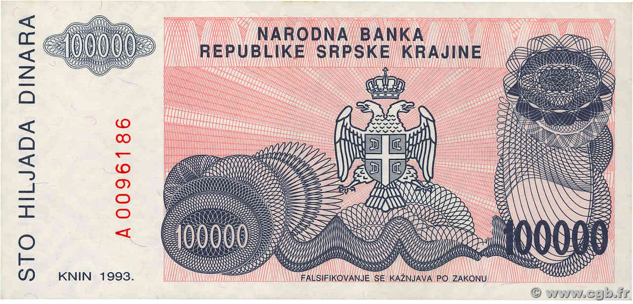 100000 Dinara CROATIE  1993 P.R22a SUP+