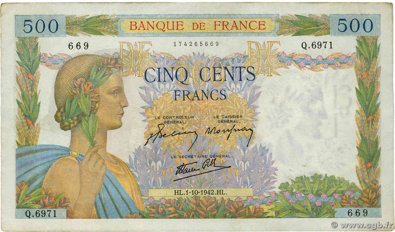500 Francs LA PAIX FRANCE  1942 F.32.41 TTB