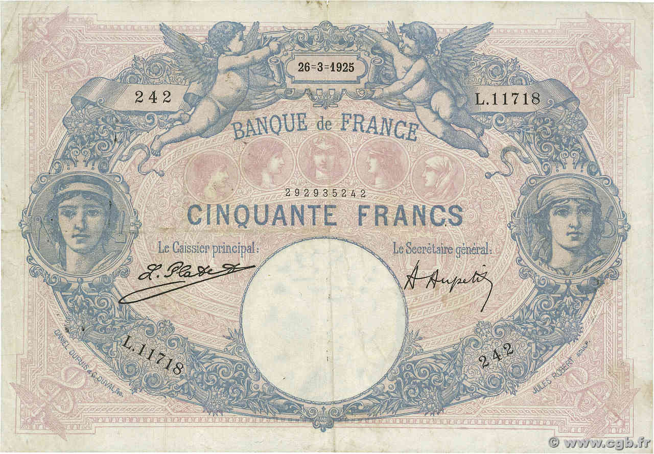 50 Francs BLEU ET ROSE FRANCE  1925 F.14.38 pr.TTB