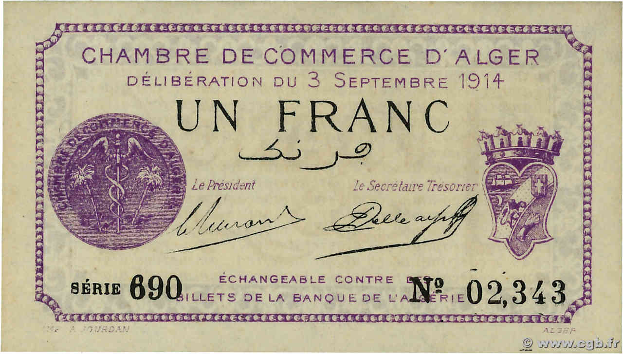 1 Franc ALGÉRIE Alger 1914 JP.137.01 NEUF