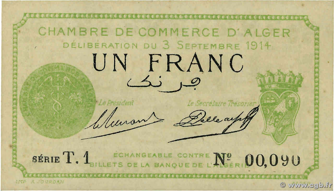 1 Franc Petit numéro ALGÉRIE Alger 1914 JP.137.03 NEUF