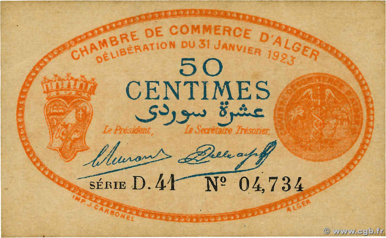 50 Centimes ALGÉRIE Alger 1923 JP.137.25 SUP+