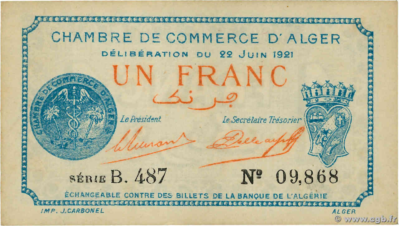 1 Franc ALGÉRIE Alger 1921 JP.137.22 SUP+