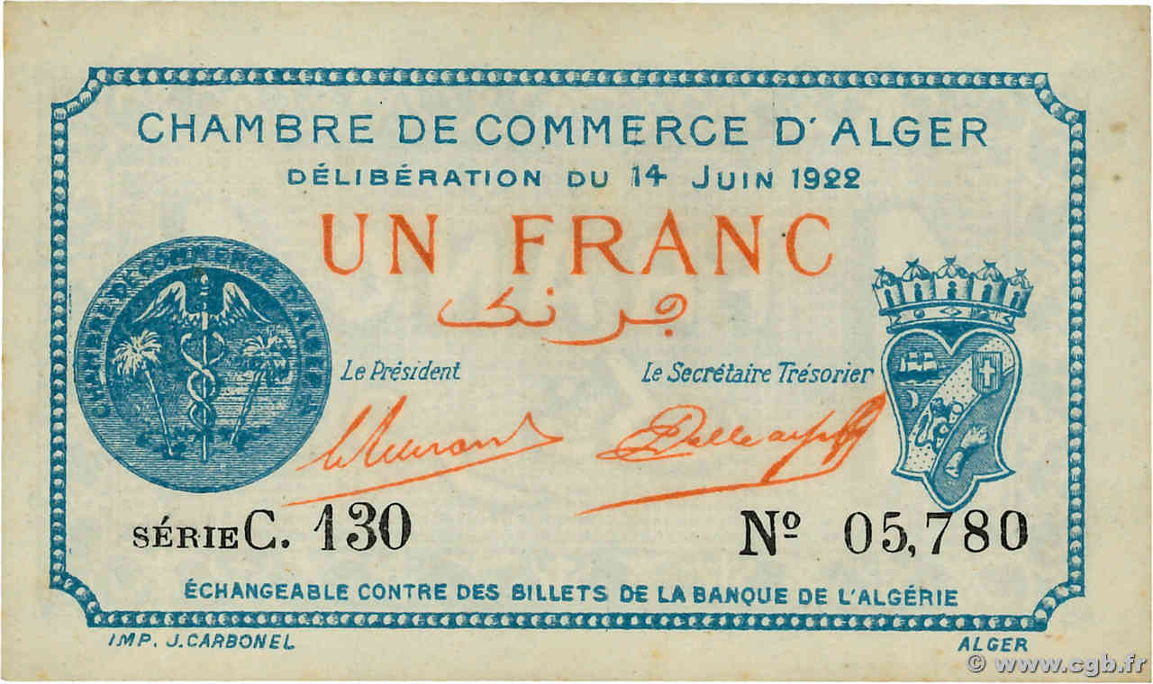 1 Franc ALGÉRIE Alger 1922 JP.137.24 pr.SPL