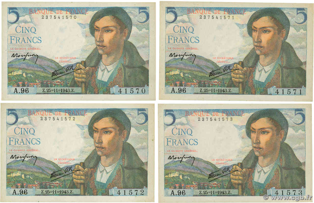 5 Francs BERGER Consécutifs FRANCIA  1943 F.05.04 AU