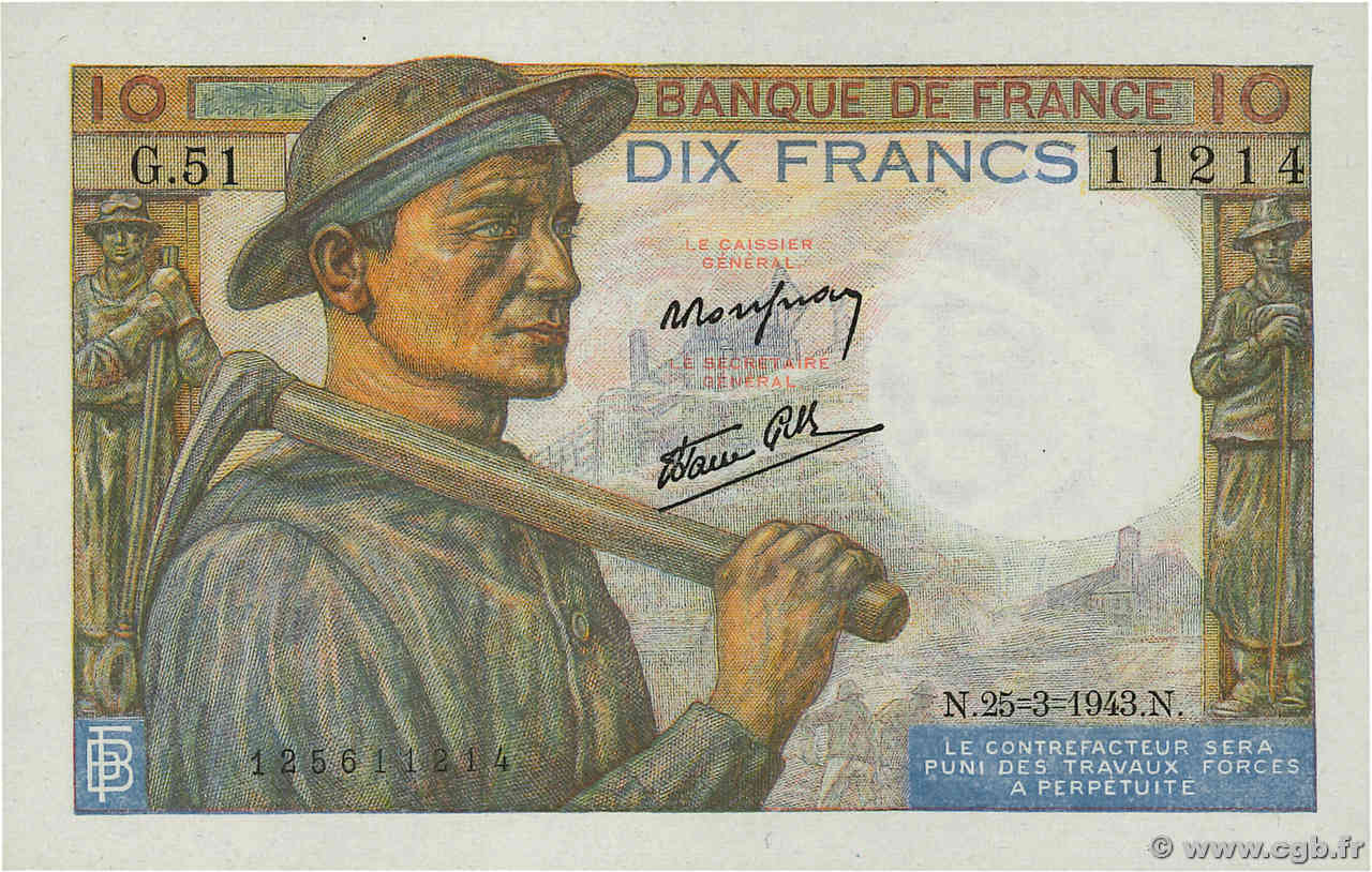 10 Francs MINEUR FRANCE  1943 F.08.08 NEUF