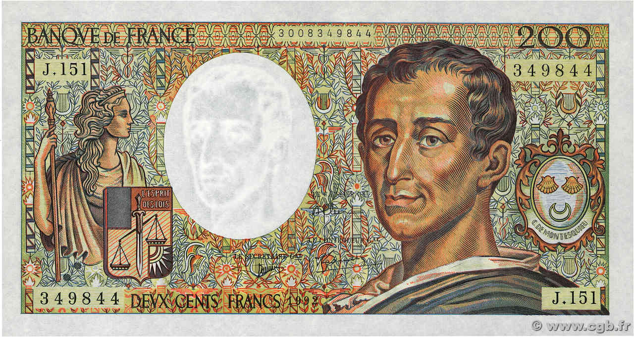 200 Francs MONTESQUIEU FRANCE  1992 F.70.12c NEUF