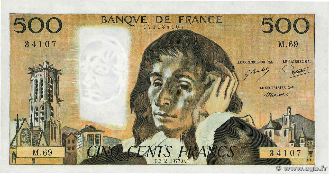 500 Francs PASCAL FRANCE  1977 F.71.16 NEUF
