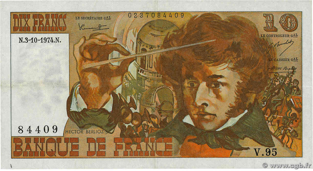 10 Francs BERLIOZ FRANCE  1974 F.63.07a VF+