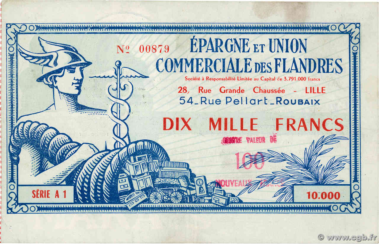 100 NF sur 10000 Francs FRANCE régionalisme et divers Lille 1959  TTB+