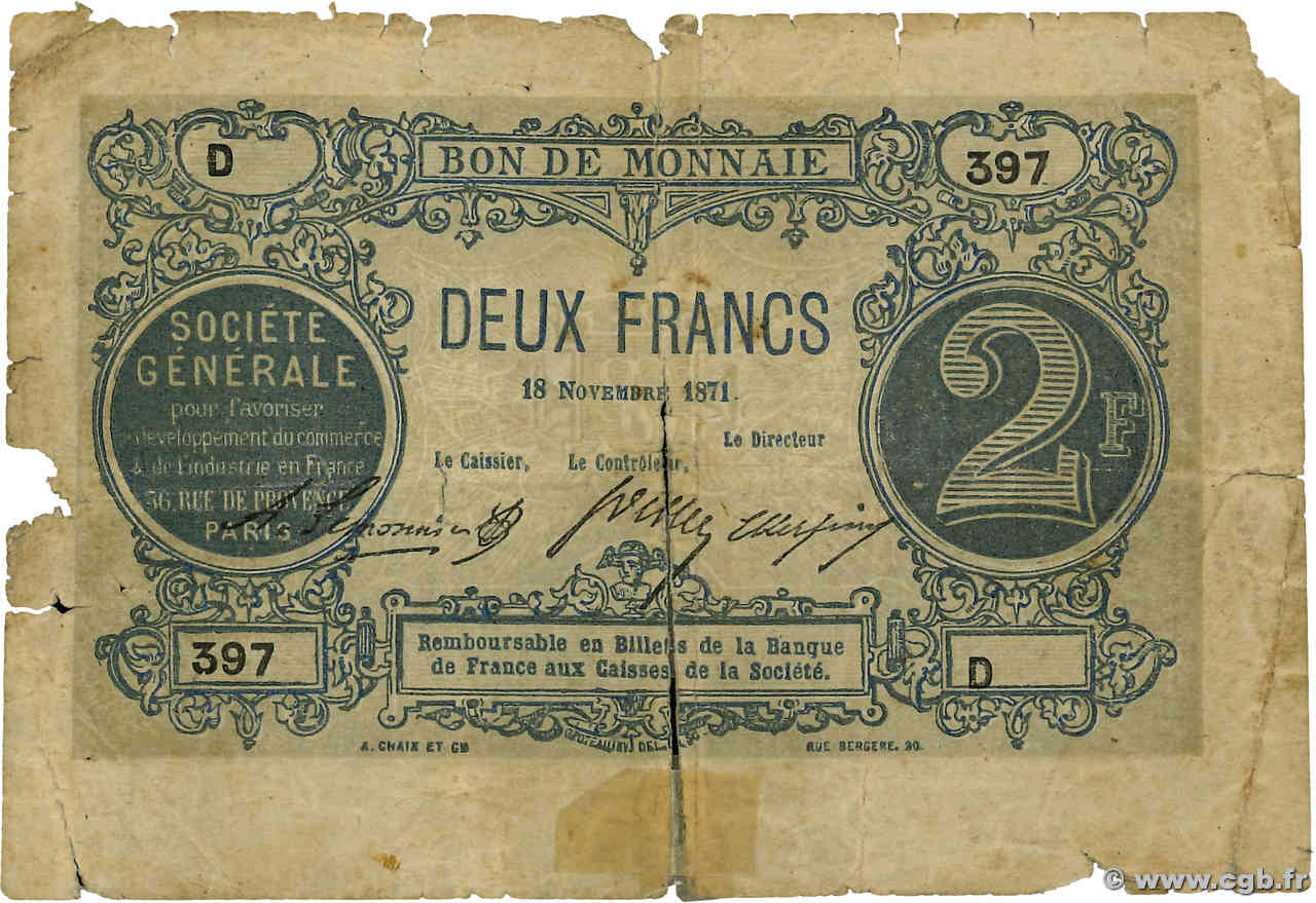 2 Francs Société Générale FRANCE régionalisme et divers  1871 JER.75.02B pr.B