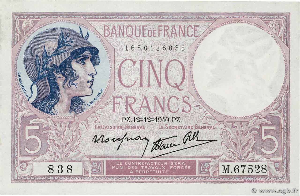 5 Francs FEMME CASQUÉE modifié FRANCE  1940 F.04.17 SPL