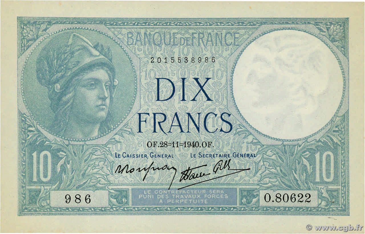 10 Francs MINERVE modifié FRANCIA  1940 F.07.22 AU