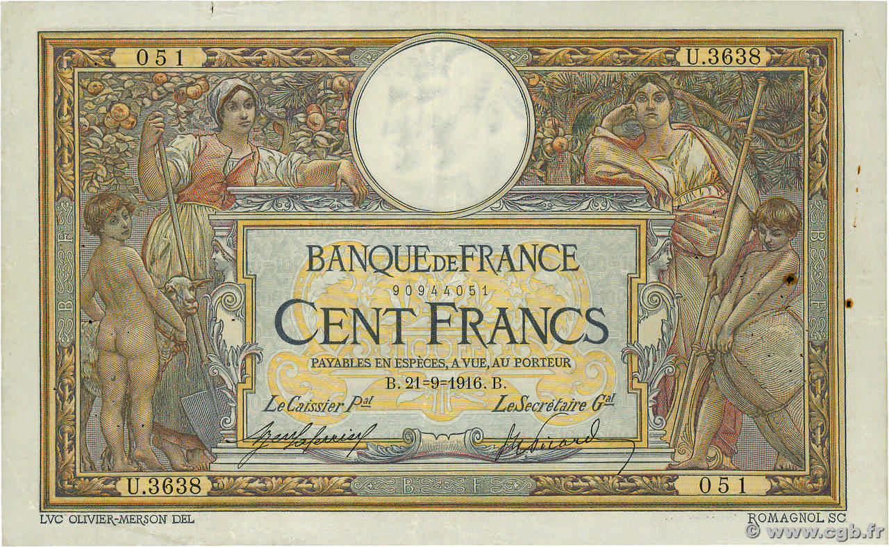 100 Francs LUC OLIVIER MERSON sans LOM FRANCE  1916 F.23.08 TB