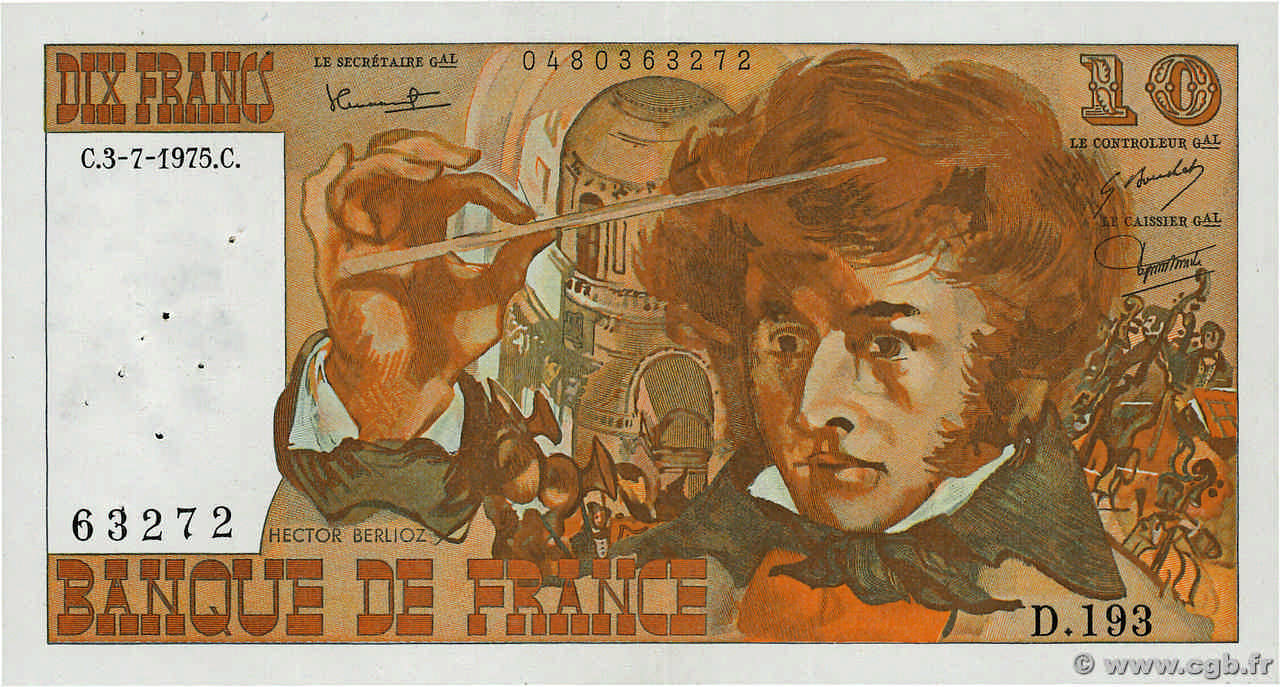 10 Francs BERLIOZ FRANKREICH  1975 F.63.11 fVZ