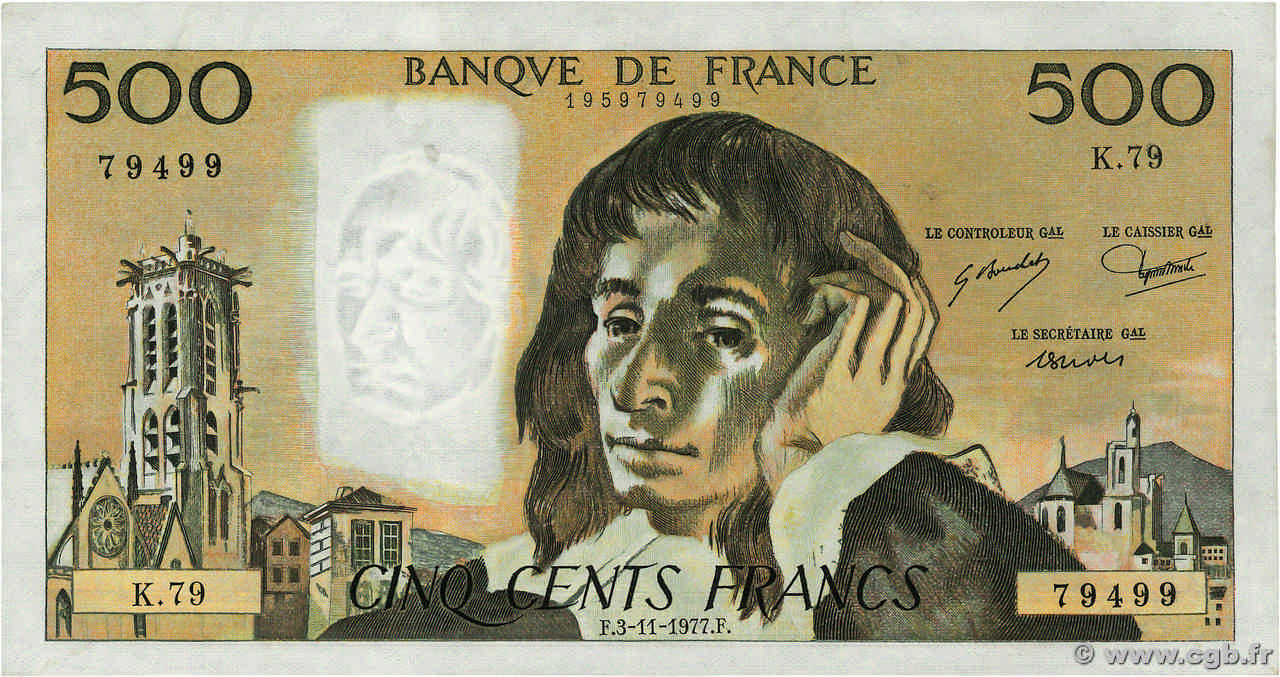 500 Francs PASCAL FRANCE  1977 F.71.17 TTB+