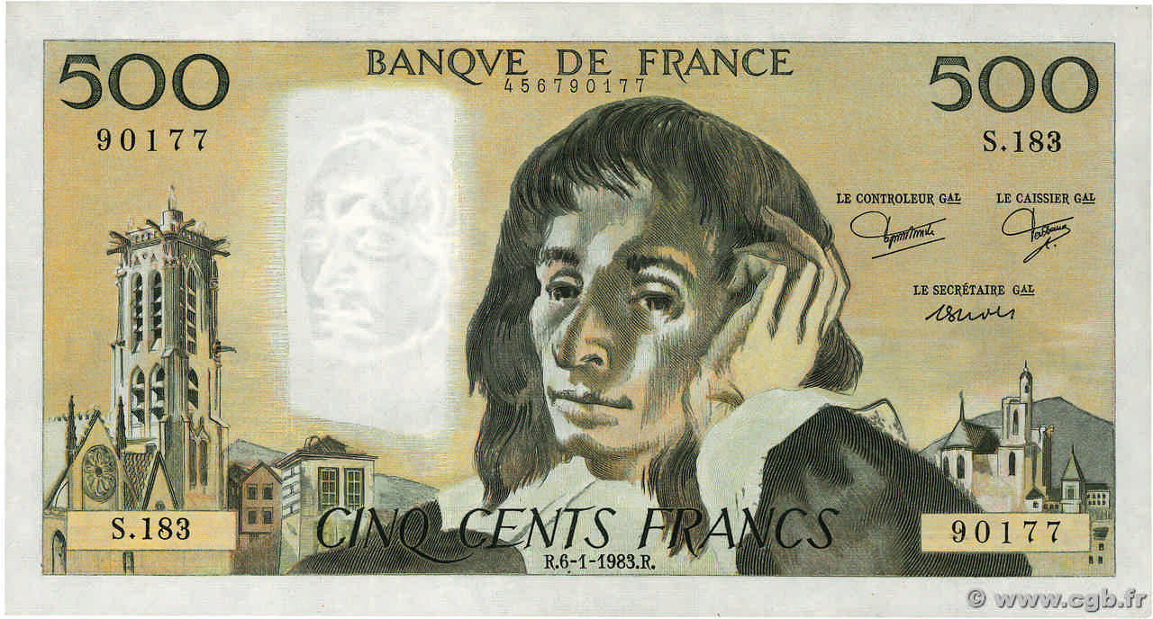 500 Francs PASCAL FRANCE  1983 F.71.28 pr.SPL