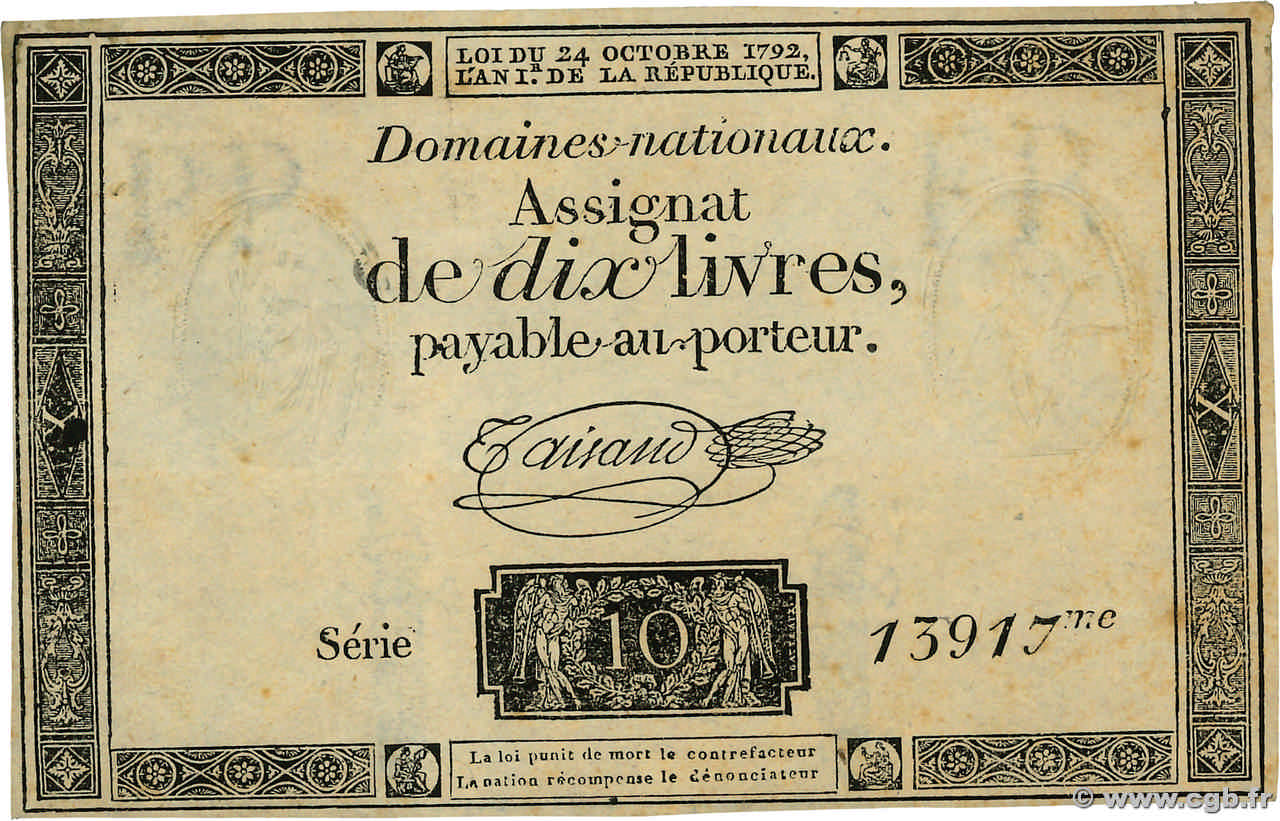 10 Livres filigrane républicain  FRANCE  1792 Ass.36c pr.SUP