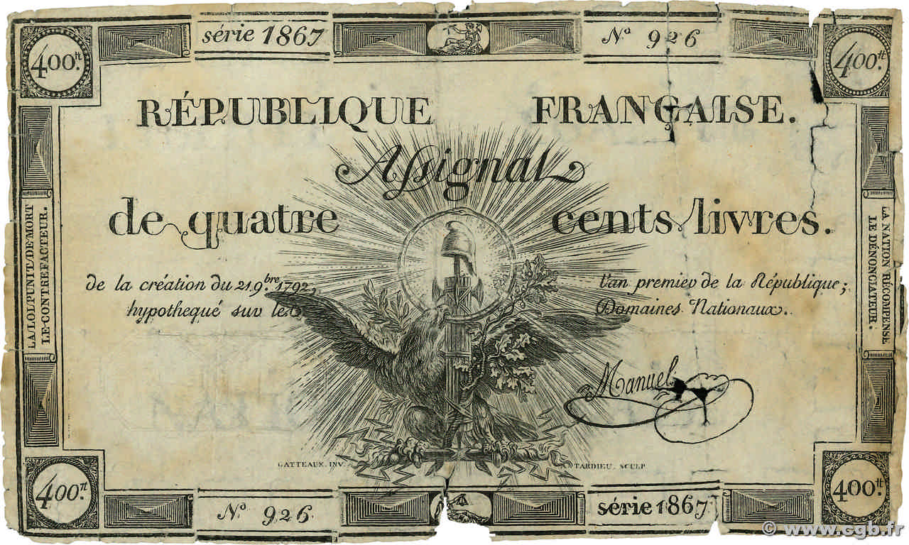 400 Livres FRANCE  1792 Ass.38a pr.B