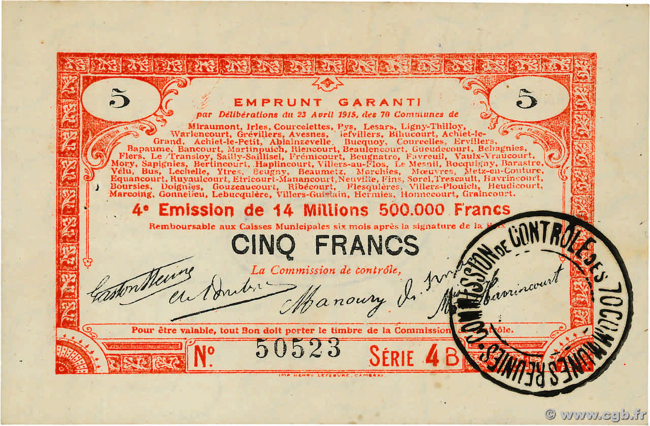 5 Francs FRANCE régionalisme et divers 70 Communes 1915 JP.62-0081 pr.SUP