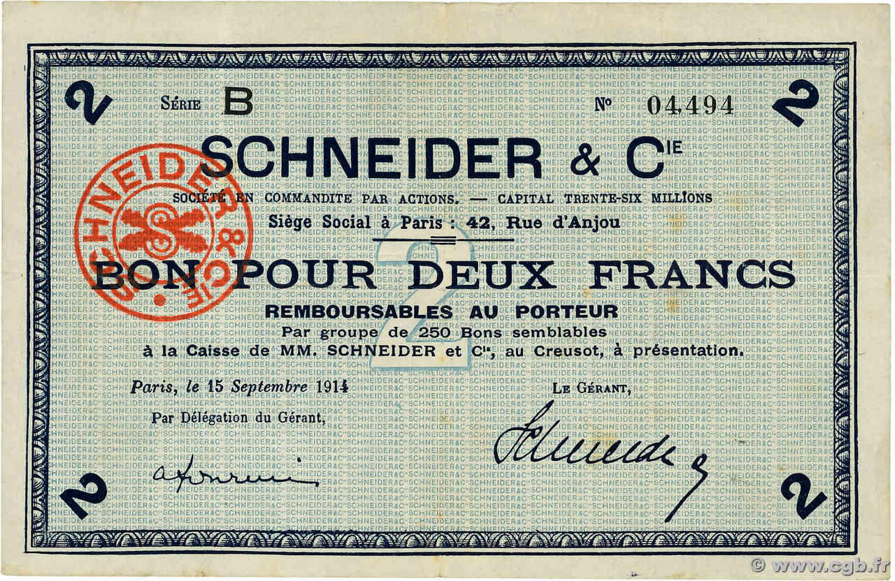 2 Francs FRANCE régionalisme et divers Creusot (Le) 1914 JP.71.07 TTB