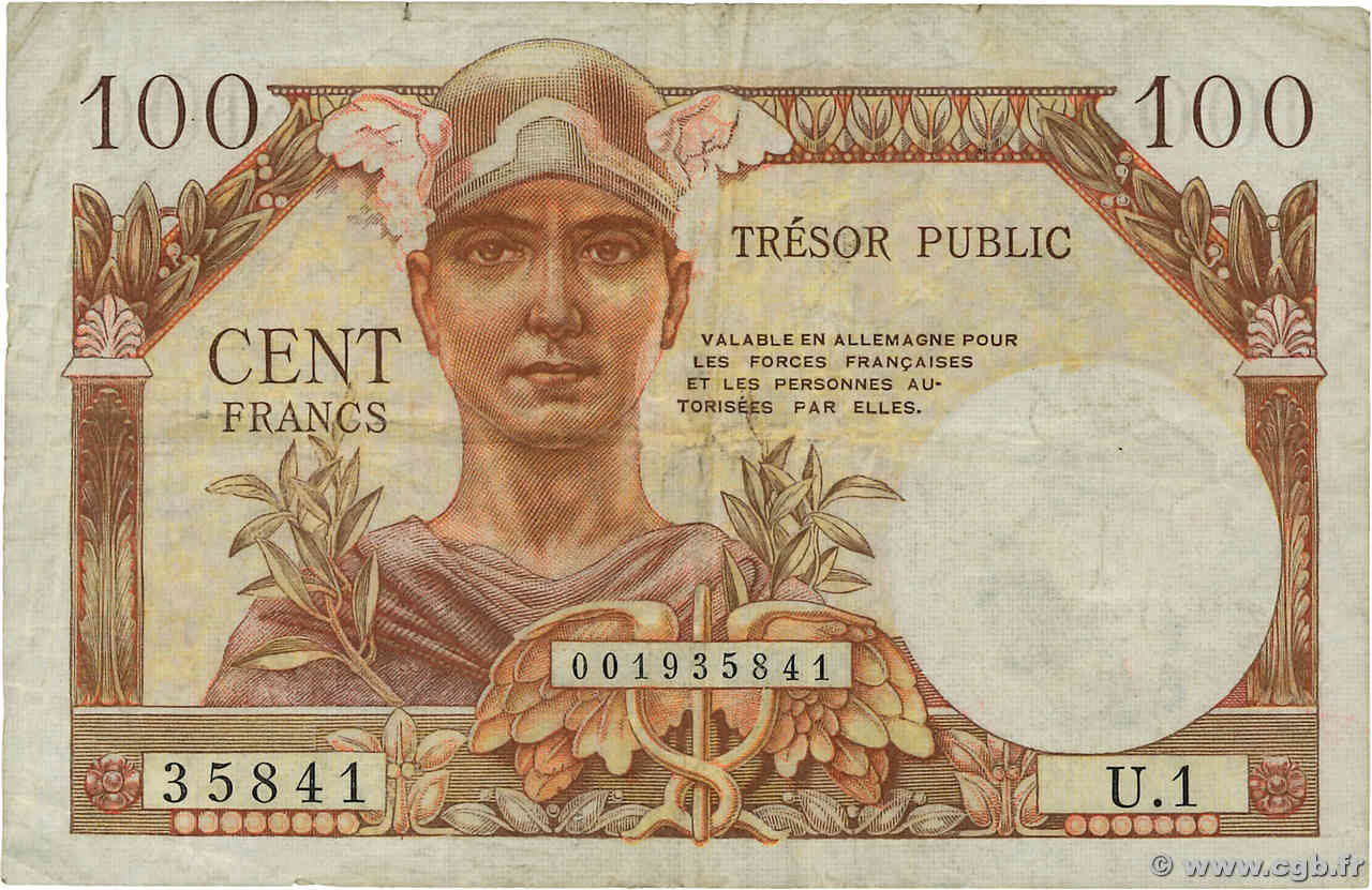 100 Francs TRÉSOR PUBLIC FRANCE  1955 VF.34.01 TB