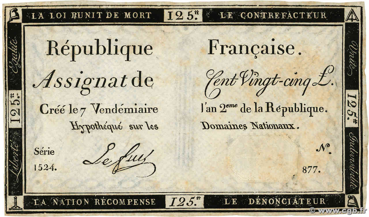 125 Livres FRANCE  1793 Ass.44a TB