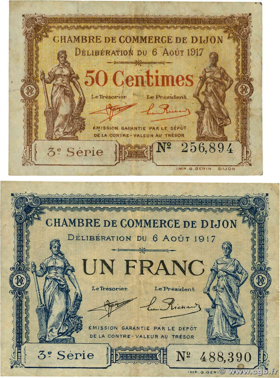 50 Centimes et 1 Franc Lot FRANCE régionalisme et divers Dijon 1917 JP.053.10 et JP.053.14 TB
