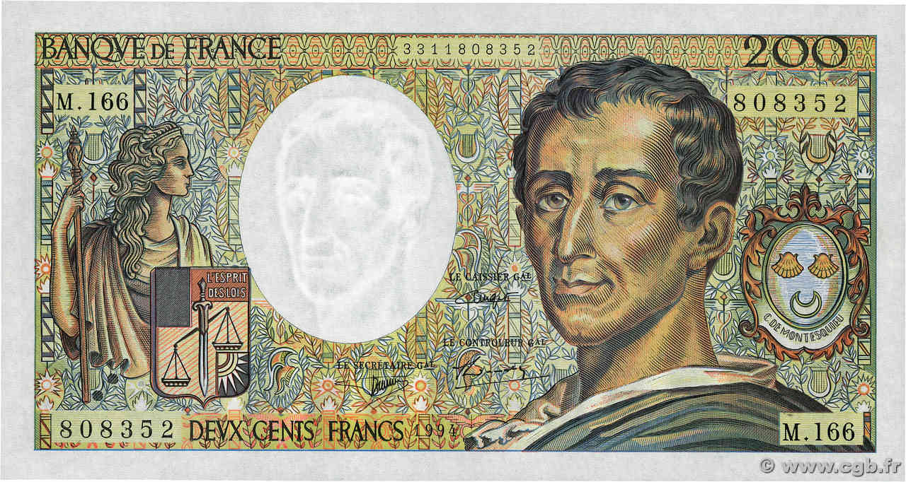 200 Francs MONTESQUIEU Modifié FRANCE  1994 F.70/2.01 pr.NEUF