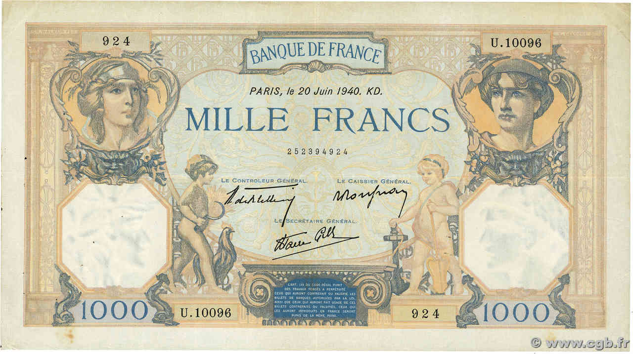 1000 Francs CÉRÈS ET MERCURE type modifié FRANCE  1940 F.38.49 TTB