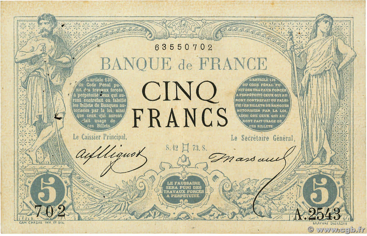 5 Francs NOIR FRANKREICH  1873 F.01.18 fVZ